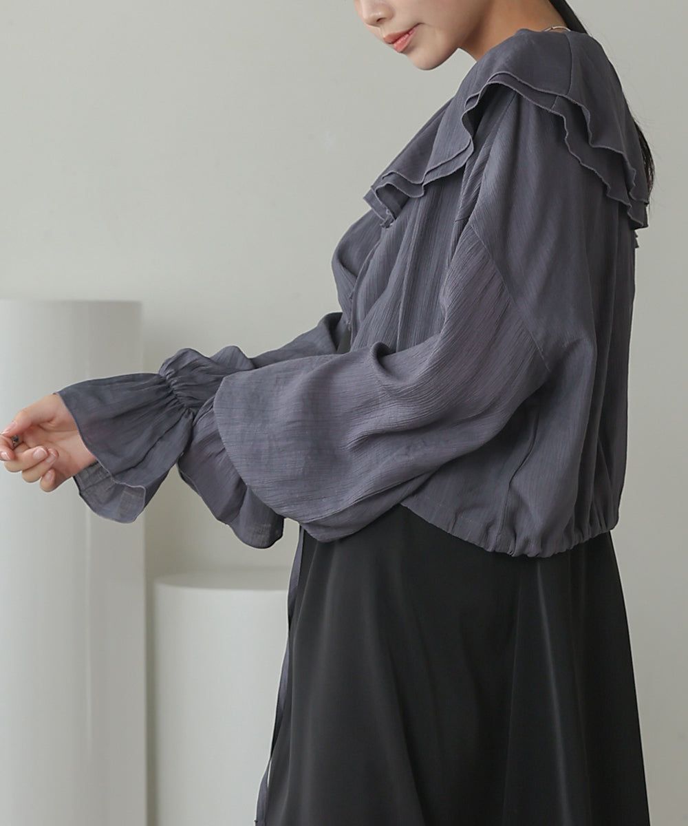 日本 Bab - 浪漫荷葉層次糖果袖襯衫-淺灰