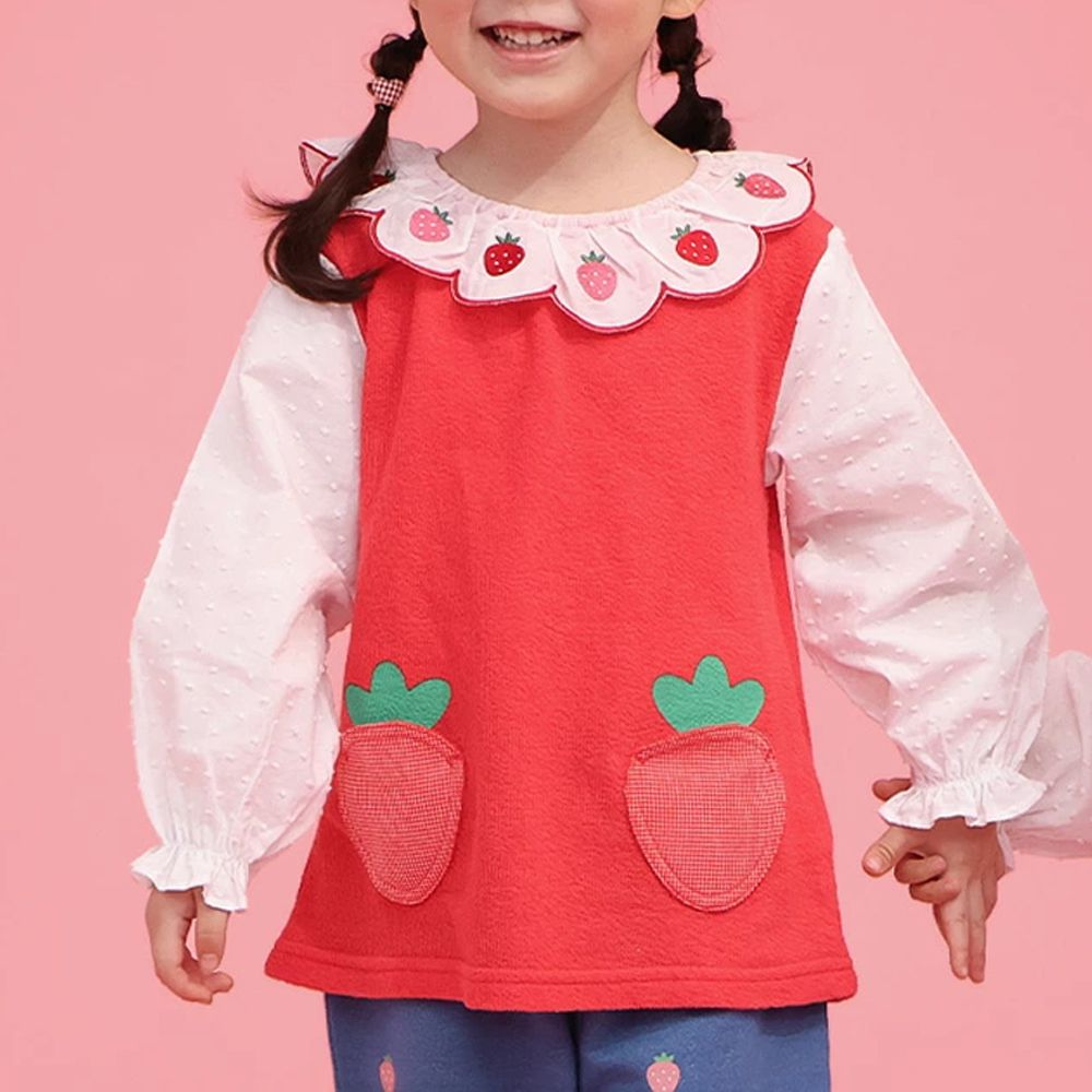 水果樂園 甜心草莓荷葉領長袖上衣-紅