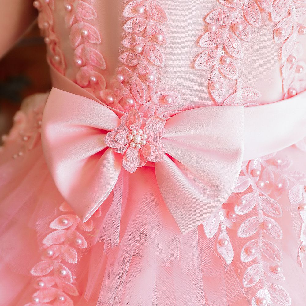 蕾絲網紗無袖蛋糕公主裙-立體蝴蝶結-粉色