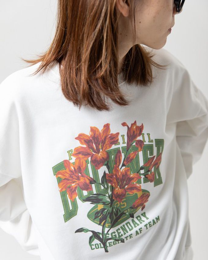 日本 gleam - 裏毛寬版學院風花卉大學T-炭灰