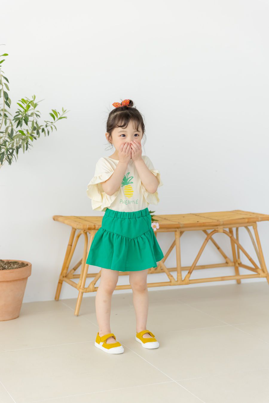 韓國 Orange Mom - 鳳梨大荷葉袖上衣-蜜桃橘