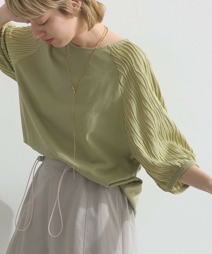 日本 le colis - 優雅立體感波浪五分袖上衣-淺軍綠