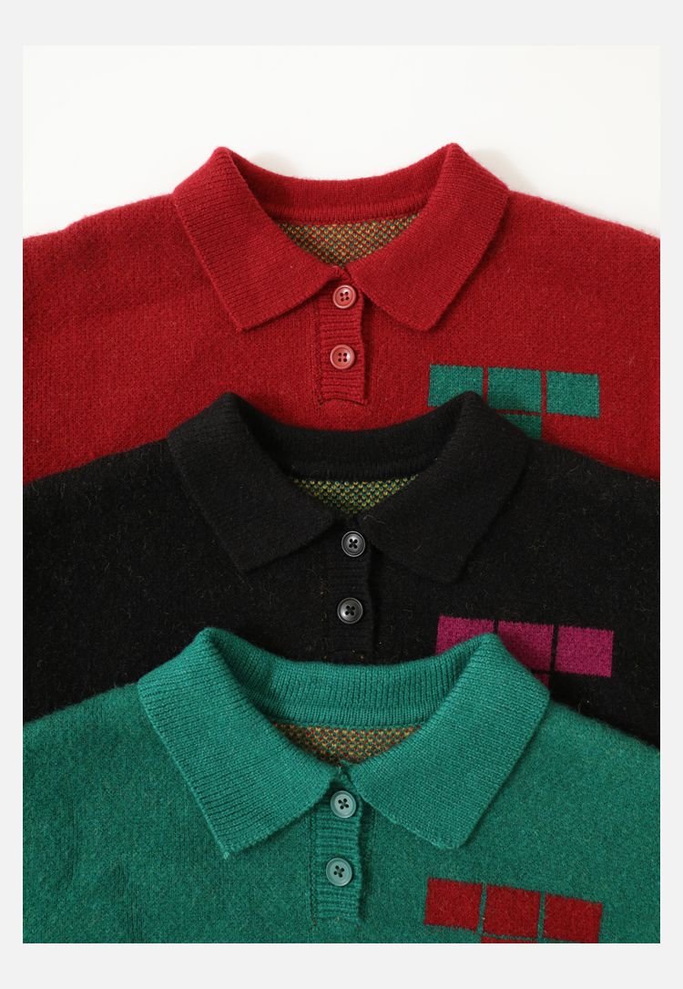 TONGMO - 復古Polo翻領針織長袖毛衣-俄羅斯方塊-黑色