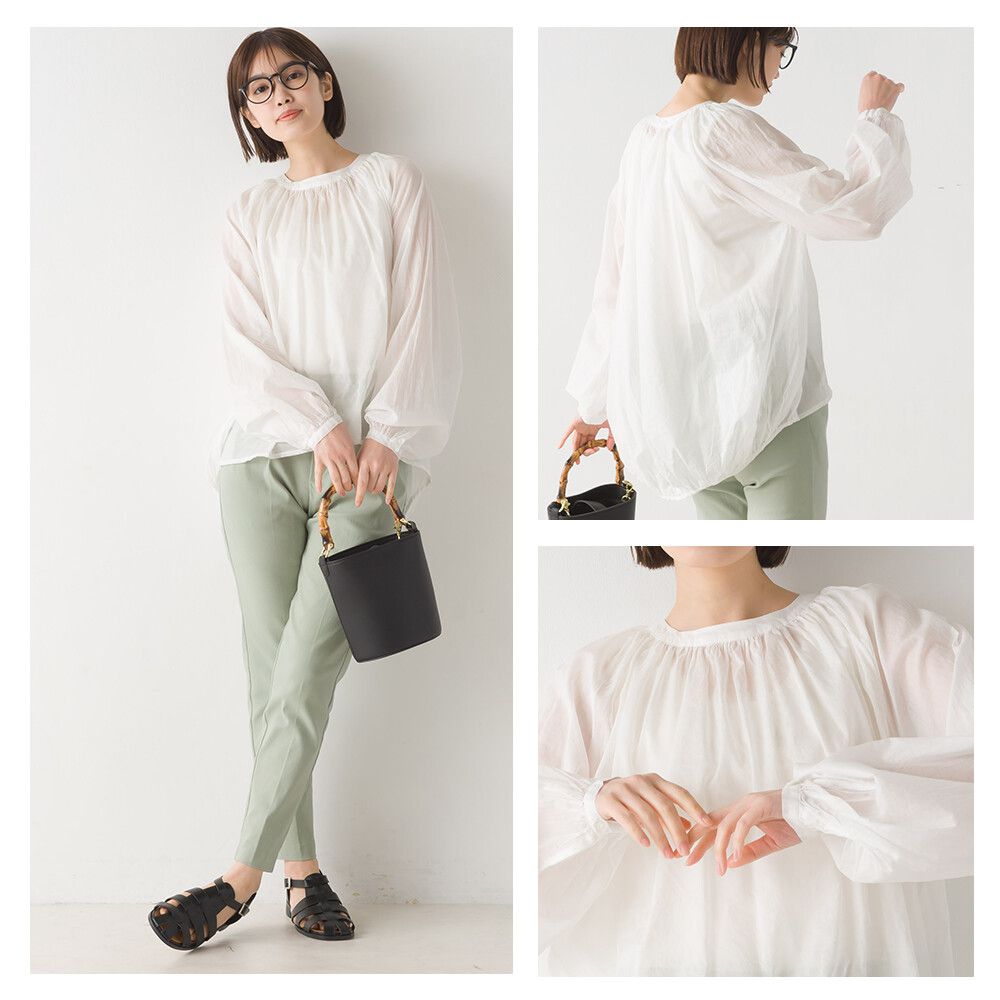 日本 OMNES - 嫘縈棉涼爽透膚澎澎袖上衣-黑