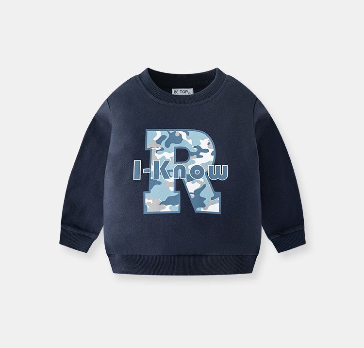 純棉圓領長袖上衣/大學T-迷彩R-霧藍色