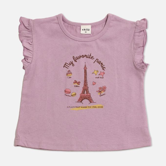 日本 Chil2 - 100%棉 荷葉邊女孩印花短袖上衣-蝴蝶結貓貓-紫