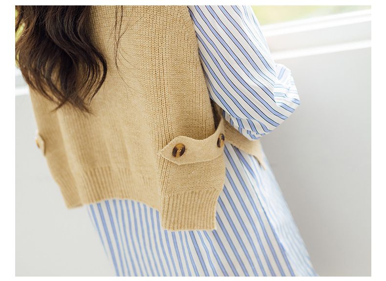 不對稱拼接直紋襯衫洋裝-藍直紋