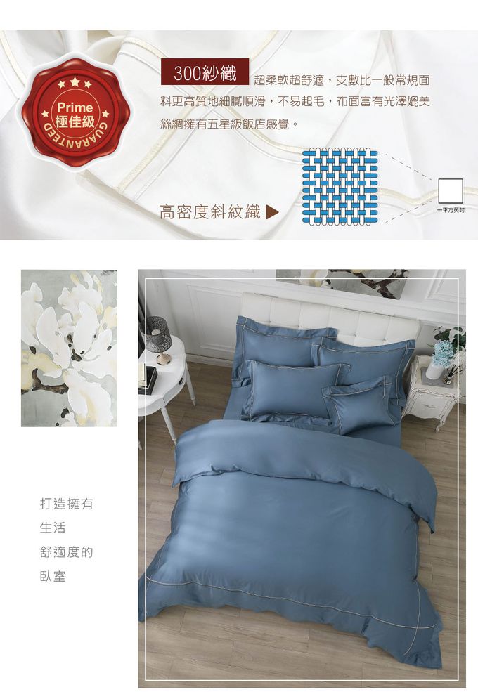 鴻宇 HongYew - 雙人加大床包枕套組 300織美國棉 純色刺繡-迷霧藍