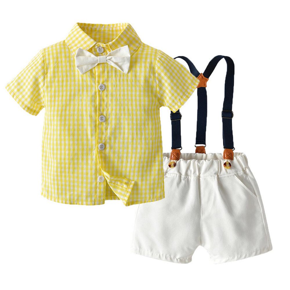 TemDoger - 小紳士格紋短袖襯衫套裝-兄妹裝(背帶款)-黃+白