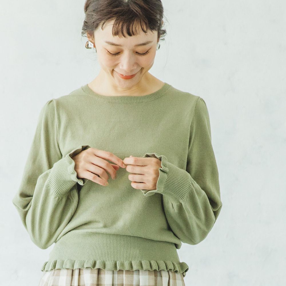 日本 PAIRMANON - 小荷葉造型袖口/衣襬薄針織上衣(媽媽)-綠 (FREE)