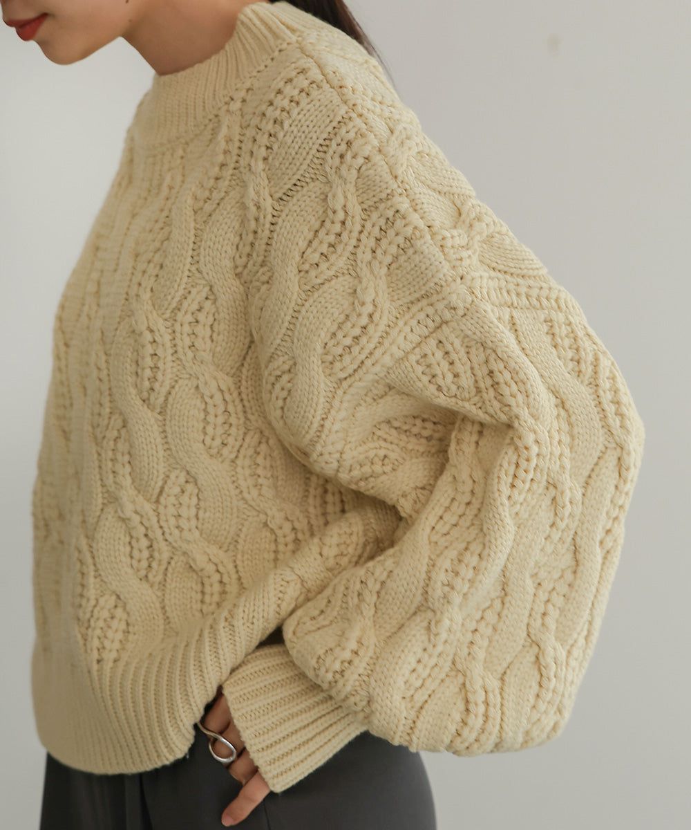 日本 Bab - 麻花編織圓領泡泡袖毛衣-粉膚