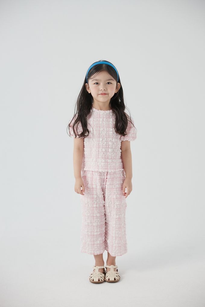 韓國 Coco Bang - 兩件式皺皺格子短袖長褲套裝-淺藍