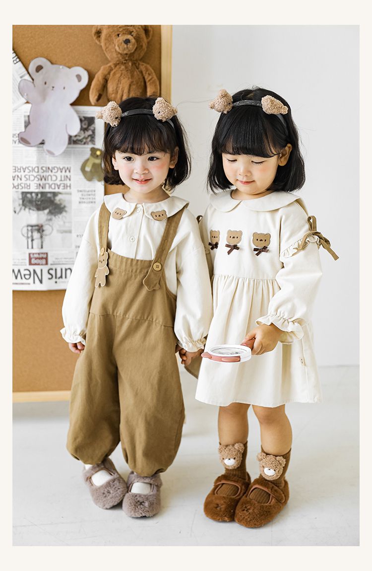 娃娃領公主袖長袖上衣-熊熊-淺杏色