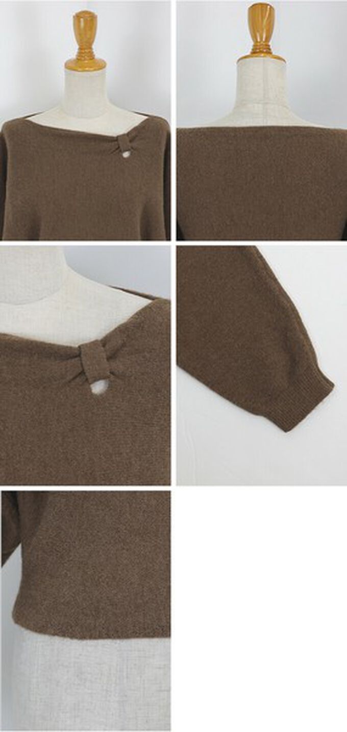 日本 BLUE EAST - 顯瘦曲線領簡潔針織長袖上衣-咖啡 (M)