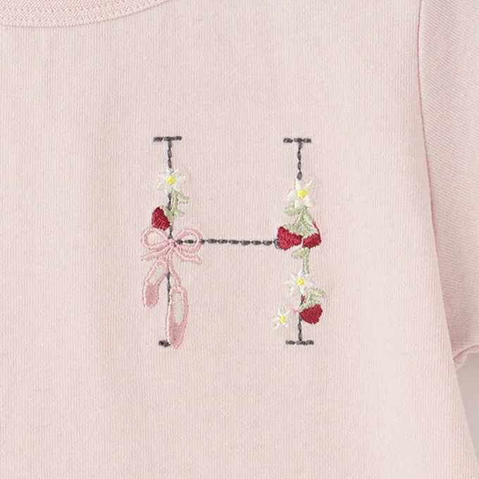 日本 petit main - 荷葉邊英文刺繡短袖上衣-H-淺粉紅