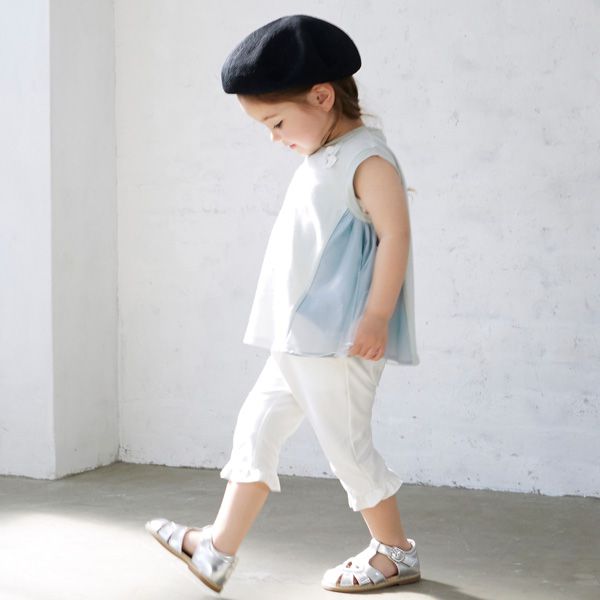 日本 petit main - 小花薄紗拼接A line無袖上衣-淺綠