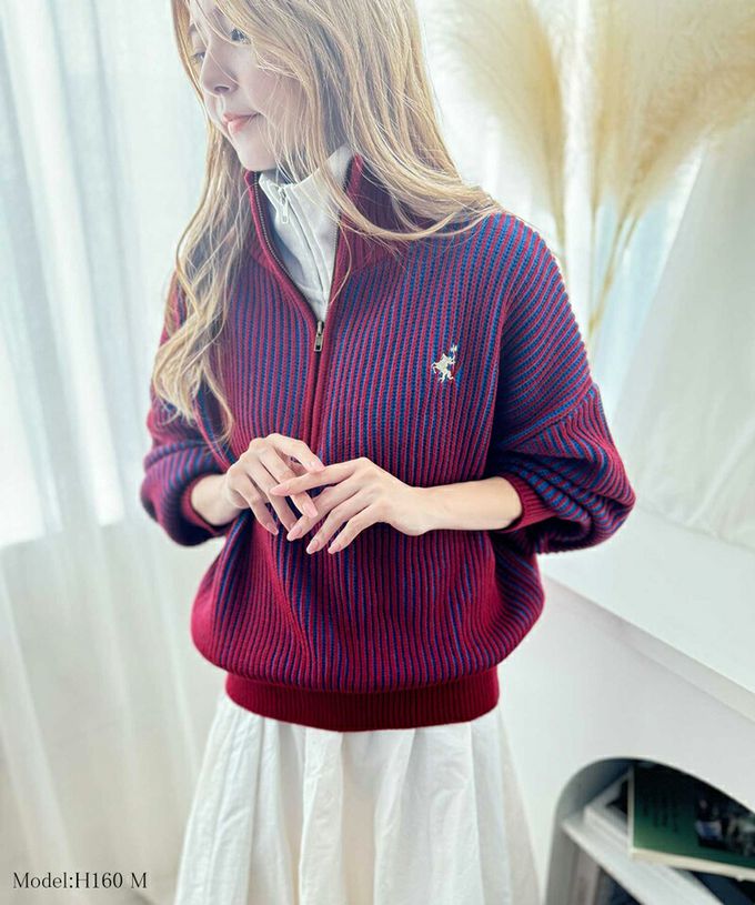 日本 Classical Elf - 半拉鍊線條感 logo刺繡配色針織衫-深藍x米