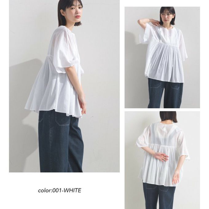 日本 OMNES - 純棉巴里紗柔美皺摺寬袖上衣-寶藍