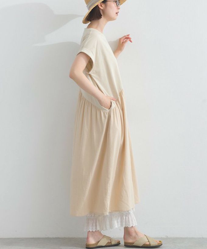 日本 Lupilien - [人氣款]亞麻混紡條紋拼接短袖洋裝-芥末黃