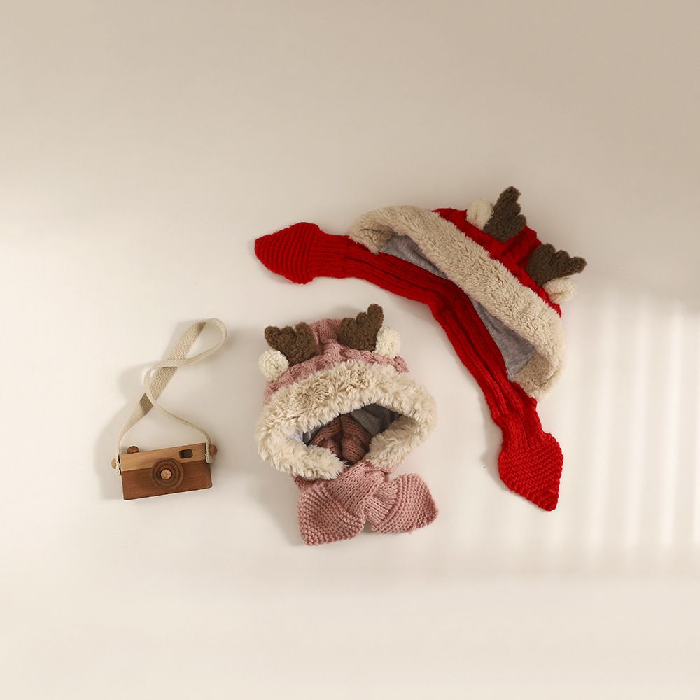 聖誕可愛鹿角針織毛帽-紅色 (帽圍48-52CM)