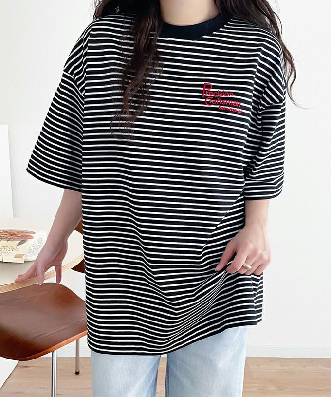 日本 Classical Elf - 100%棉 胸前logo點綴短袖上衣-黑白條紋