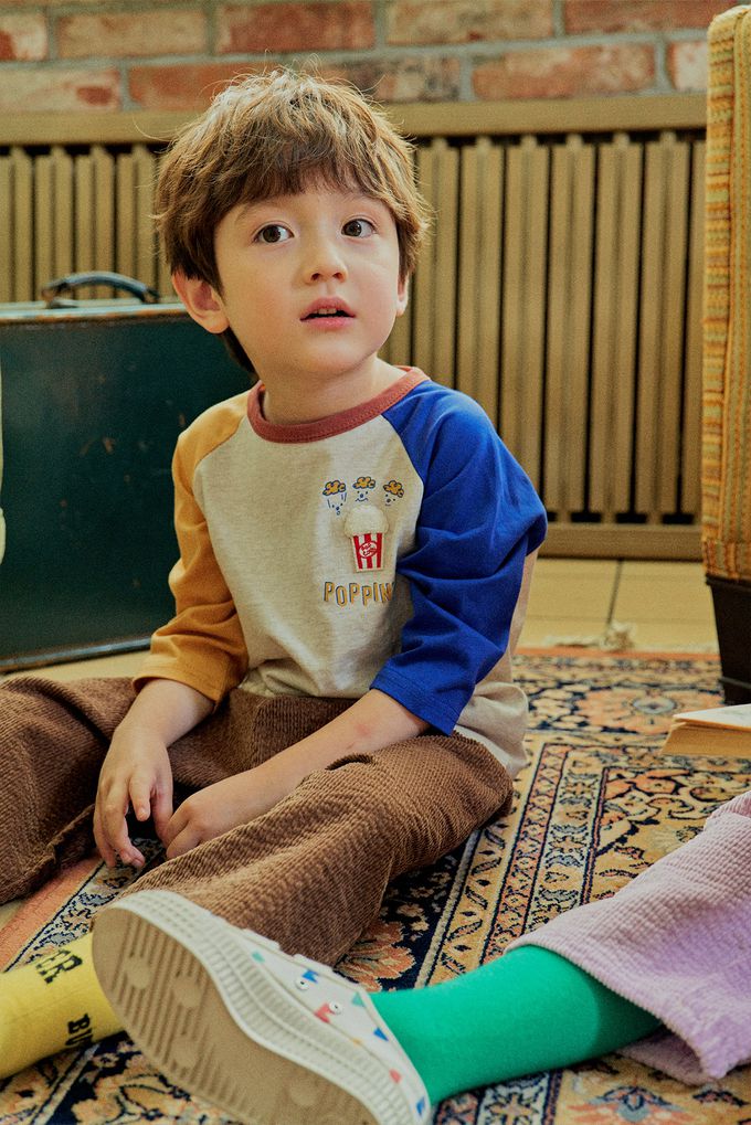 韓國 First Blue - 美味爆米花印長袖上衣-黃橘X燕麥X寶藍