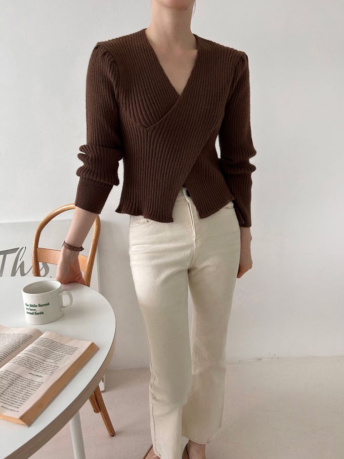 韓國女裝連線 - X交叉設計彈性坑條針織上衣-粉 (FREE)