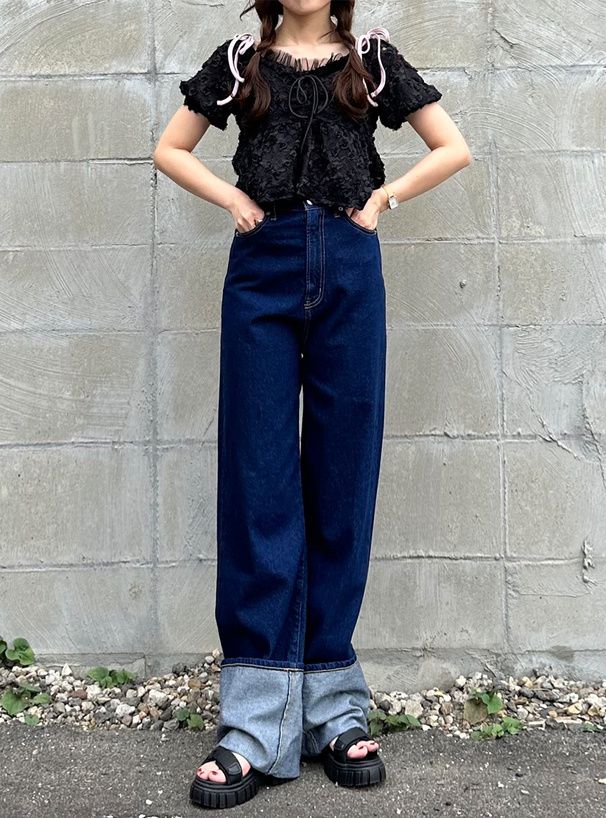 日本 GRL - 復古反折丹寧直筒褲-深藍