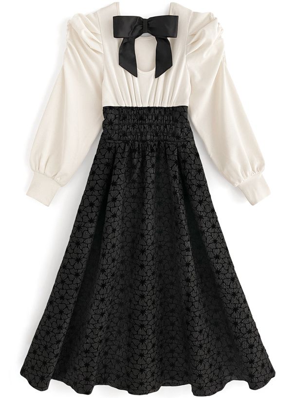 日本 GRL - 絕對優雅緹花拼接後綁帶洋裝-黑x白