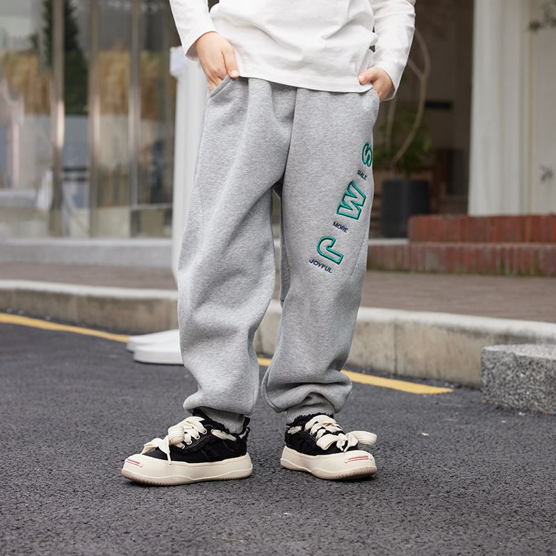 加絨腰鬆緊休閒保暖束口長褲-SMJ-淺灰色