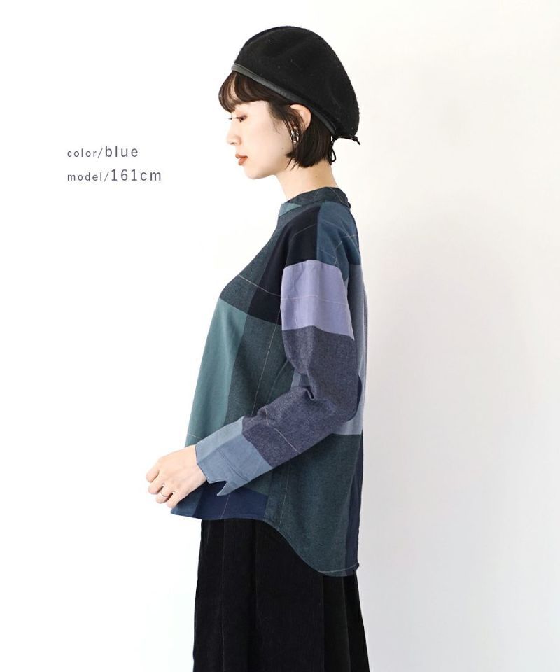 日本 zootie - 立領格紋拼接長袖上衣-藍