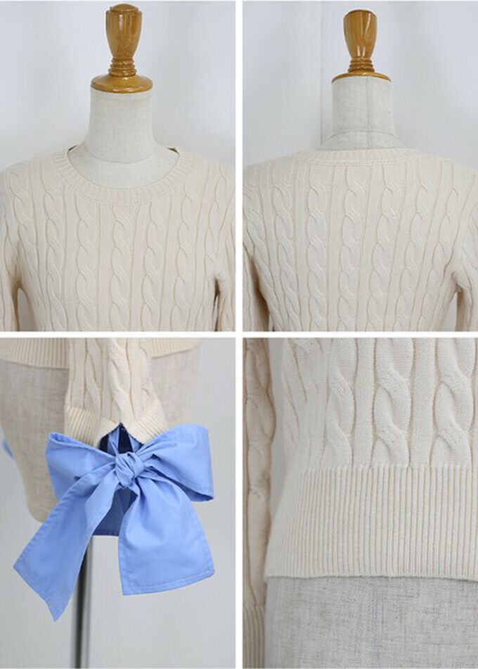 日本 BLUE EAST - 亮麗蝴蝶結緞帶袖麻花針織上衣-海軍藍