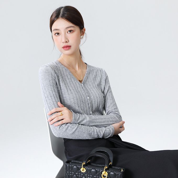 V領坑條紋針織開衫外套/上衣-粉色