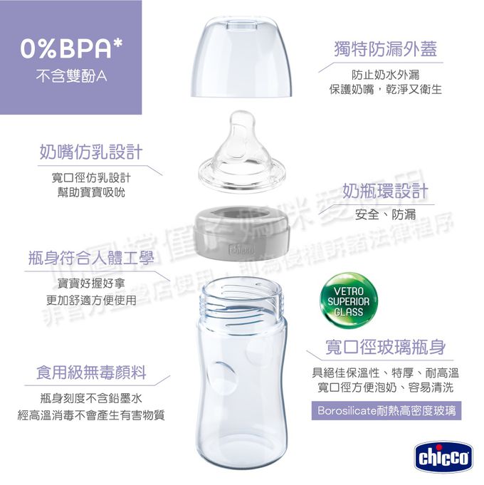 義大利 chicco - 舒適哺乳-防脹氣玻璃奶瓶促銷組-240ml*2+150ml