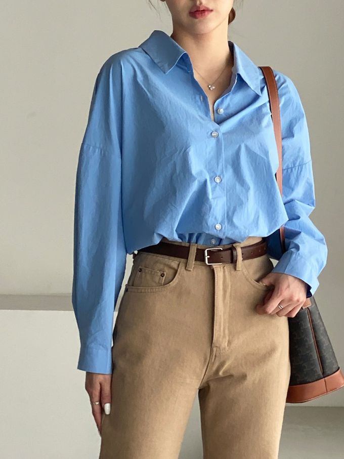 韓國女裝連線 - 知性背後抓褶翻領長袖襯衫-藍 (FREE)
