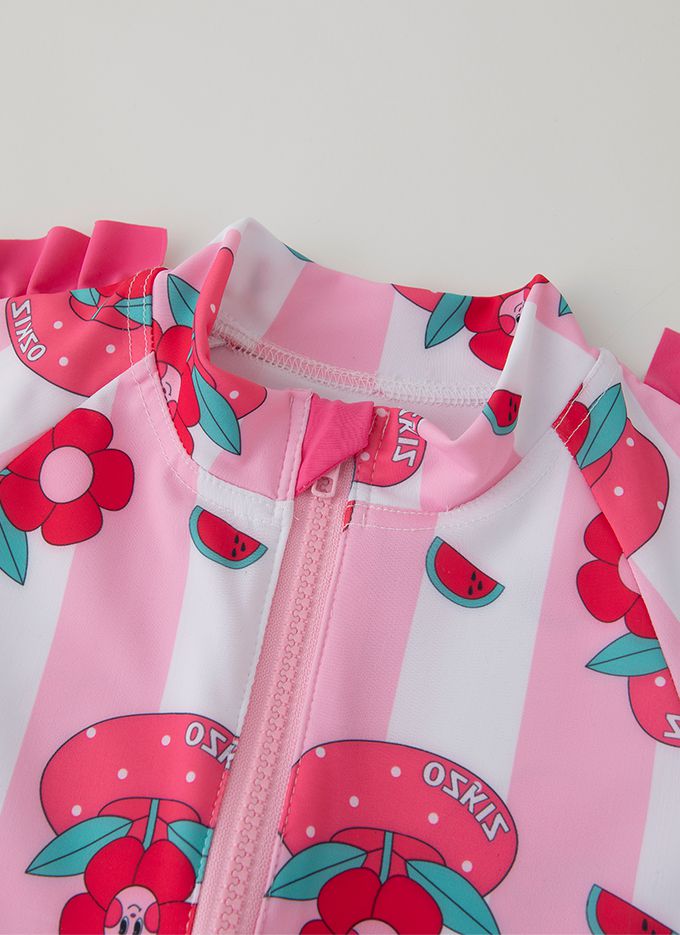 韓國 OZKIZ - 花朵泳圈長袖連身泳裝/泳帽Set-白X桃粉