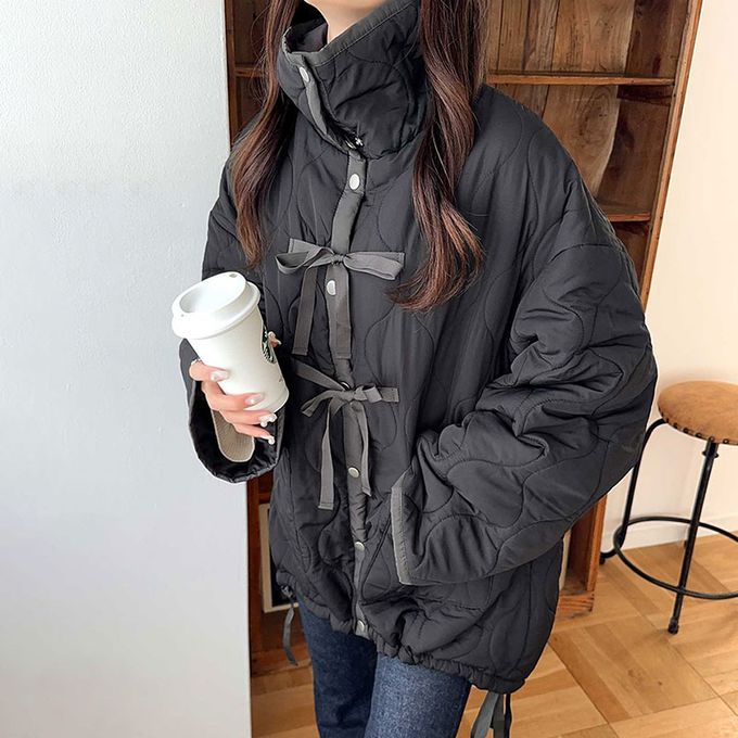 日本 Classical Elf - mily bilet 甜美配色絲帶翻領科技羽絨外套-粉白