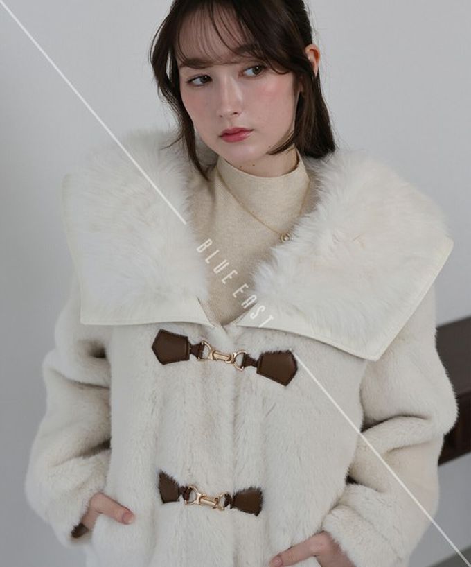 日本 BLUE EAST - 華麗注目皮草感大翻領金扣外套-咖啡