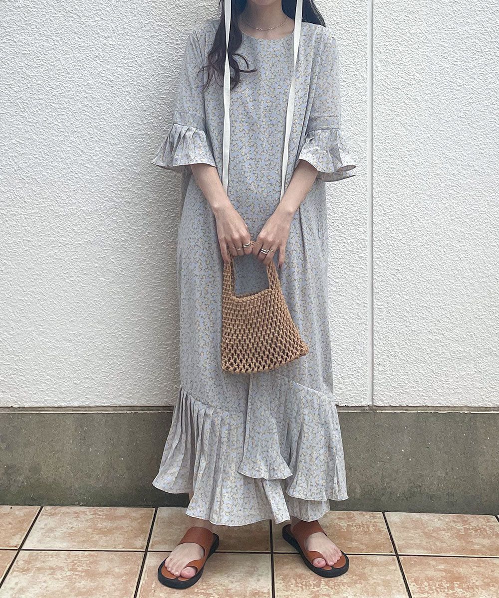 日本 Bab - 圓領碎花糖果袖洋裝-奶油白