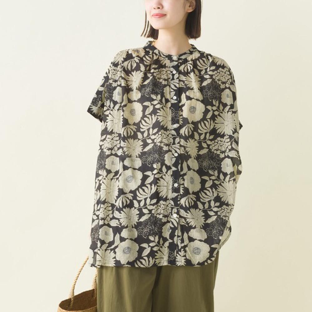 日本 OMNES - 100%印度棉 夏日印花輕盈寬版襯衫-黑底滿版花