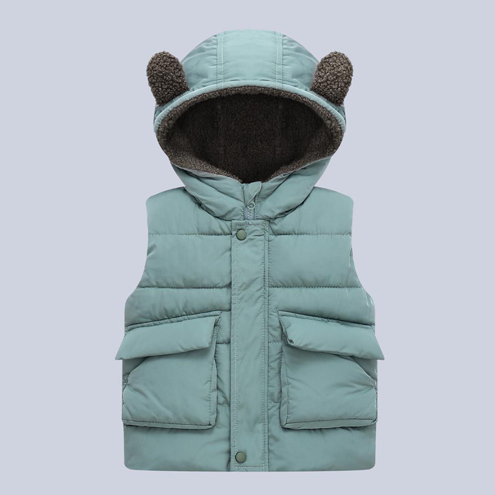 WELLKIDS - 加絨造型暖暖連帽背心-熊熊耳朵-灰綠色