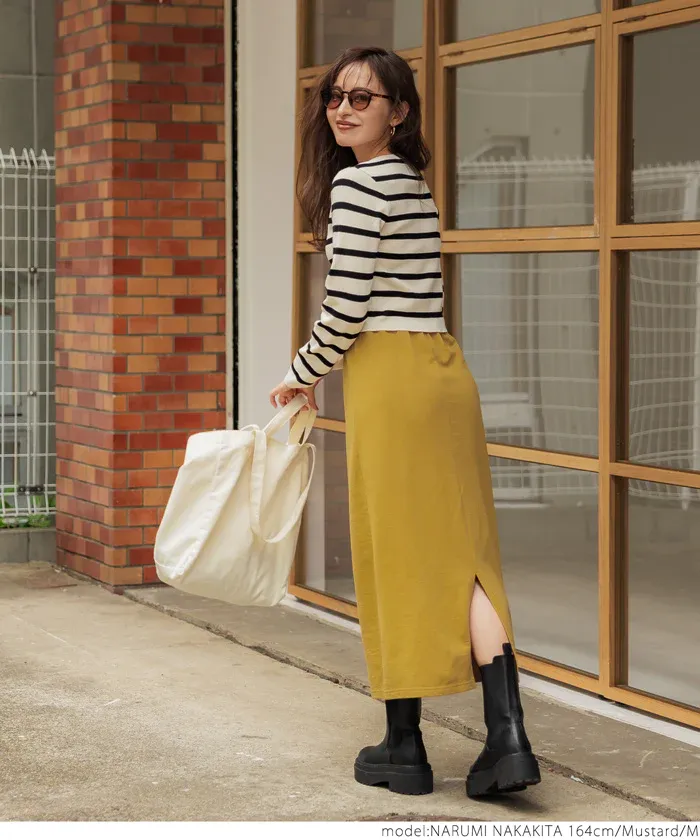 日本 COCA - 棉混彈性修身長裙-深綠