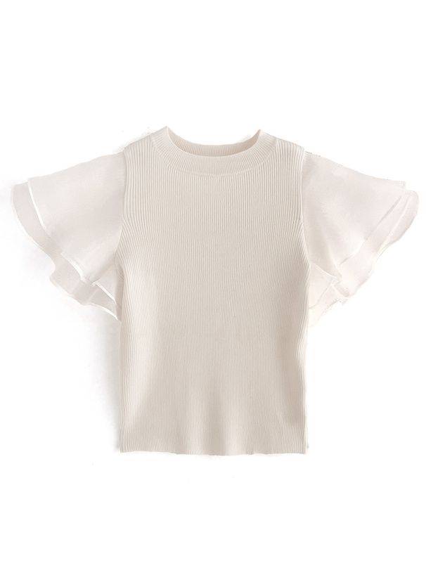 日本 GRL - 夢幻薄紗拼接圓領短袖上衣-天使白