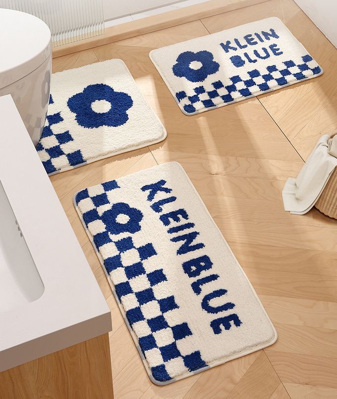 快速吸水植絨馬桶腳踏墊-格紋+花花-藍+白 (50x55cm)