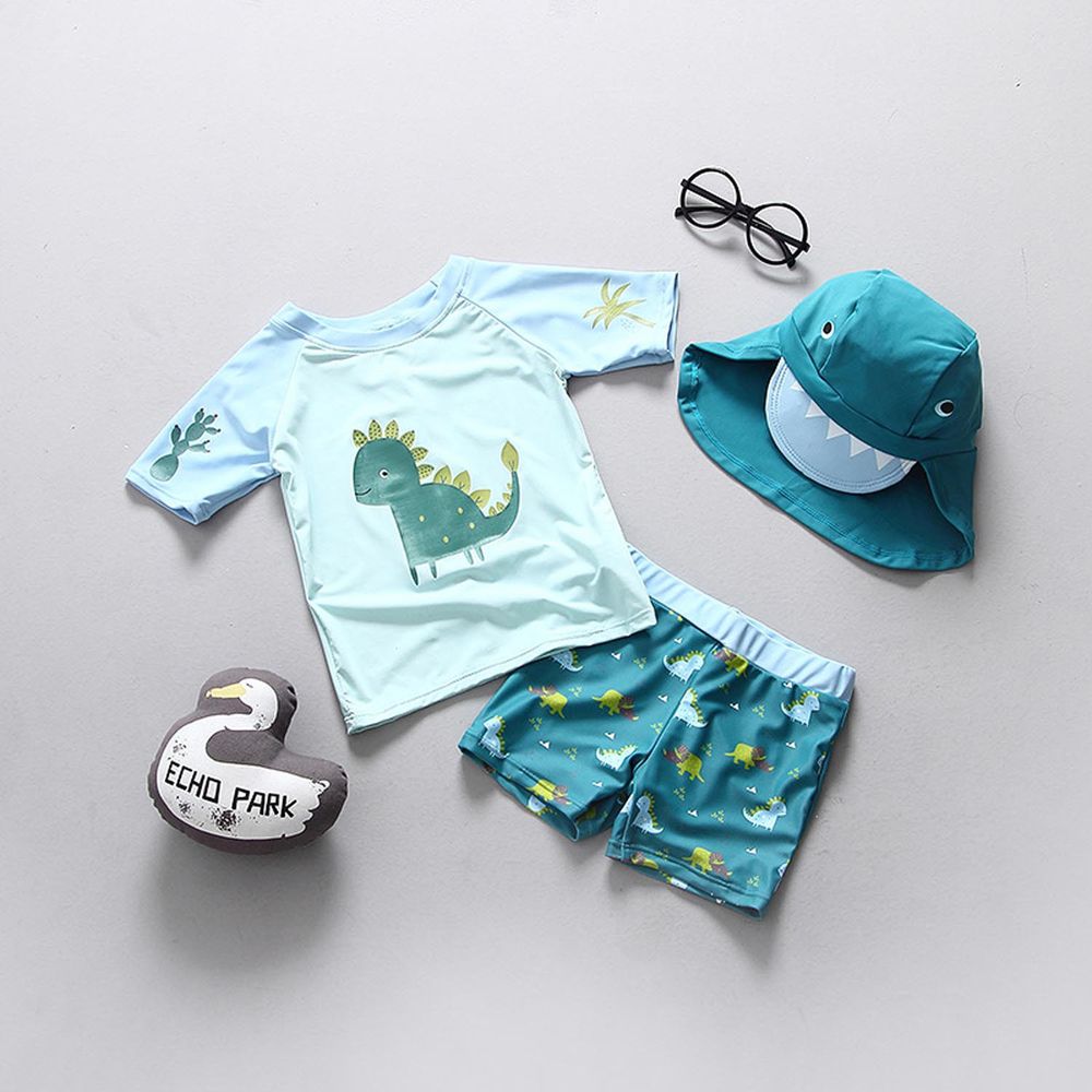 男寶短袖泳裝套裝(附帽子)-微笑恐龍-淺藍+綠
