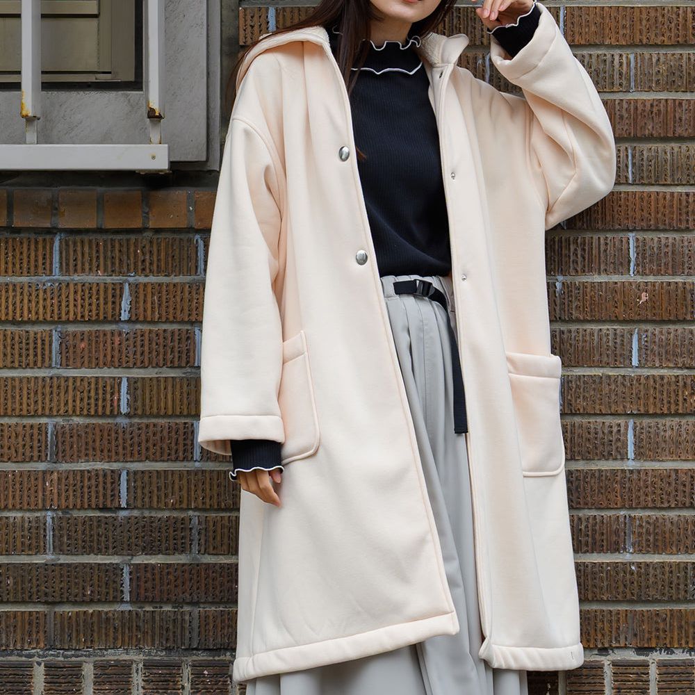 溫暖內抓絨休閒長版連帽外套-象牙