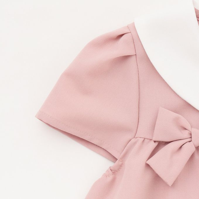 日本 Lycee mine - 優雅正式感圓領胸前緞帶短袖洋裝-粉紅