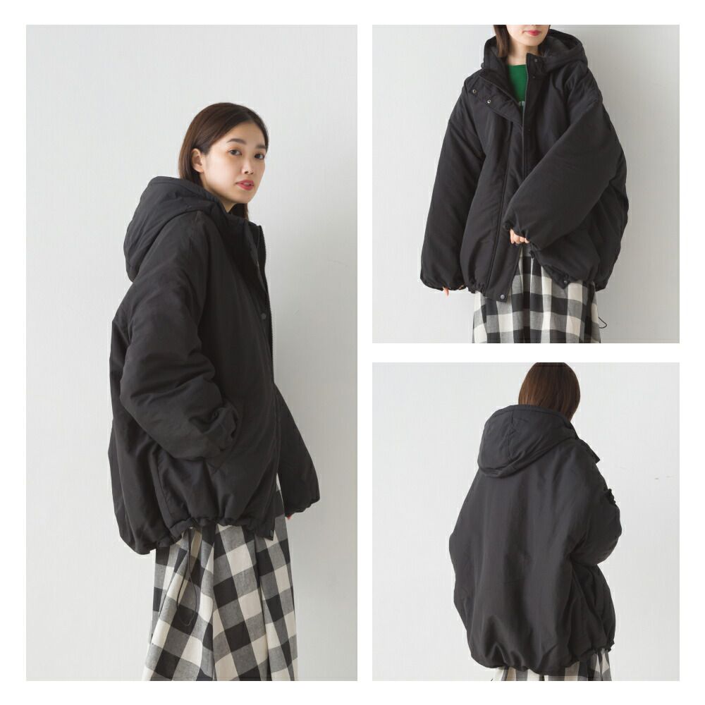 日本 OMNES - [防風機能]立領寬版連帽鋪棉外套-軍綠