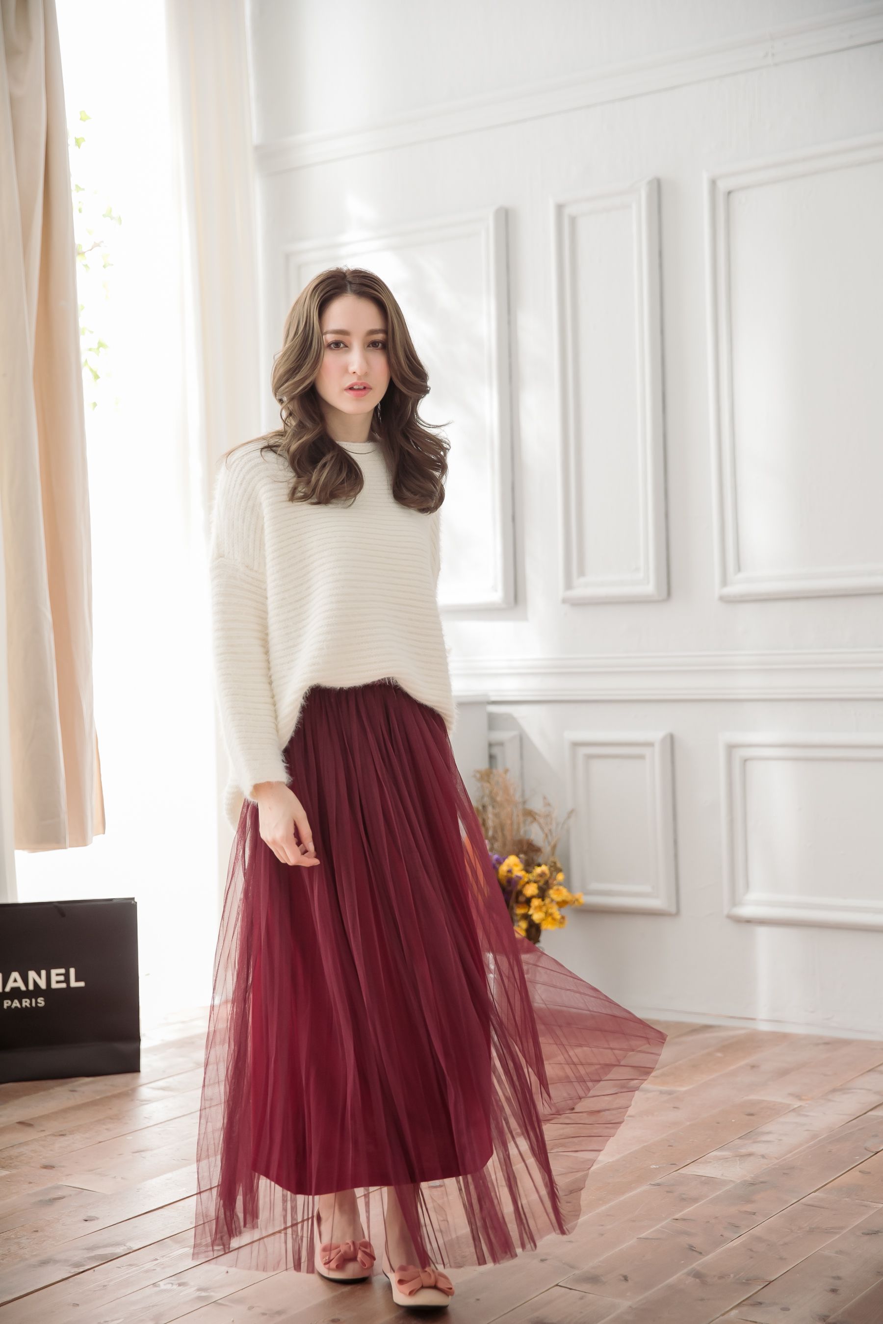 Peachy - 獨家訂製綿柔優雅綁帶百褶紗裙-綁帶百褶版-葡萄酒紅 (F)