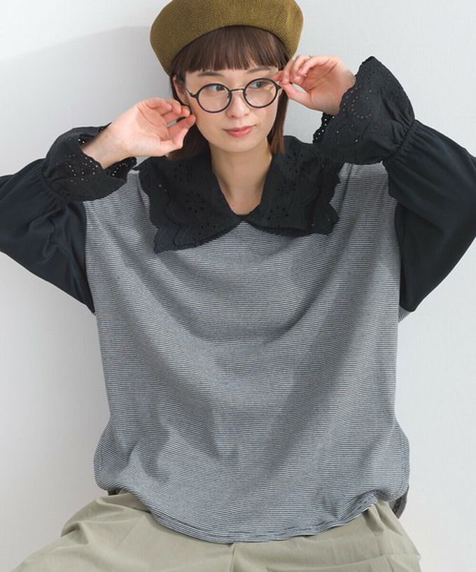 日本 Lupilien - 精緻蕾絲領落肩喇叭袖上衣-黑